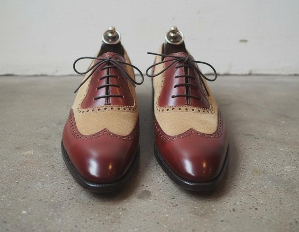 Handmade Brown Leather Shoes, Wingtip Two Tone mens Dress Shoes, men oxfords for Wedding and Formal Footwear