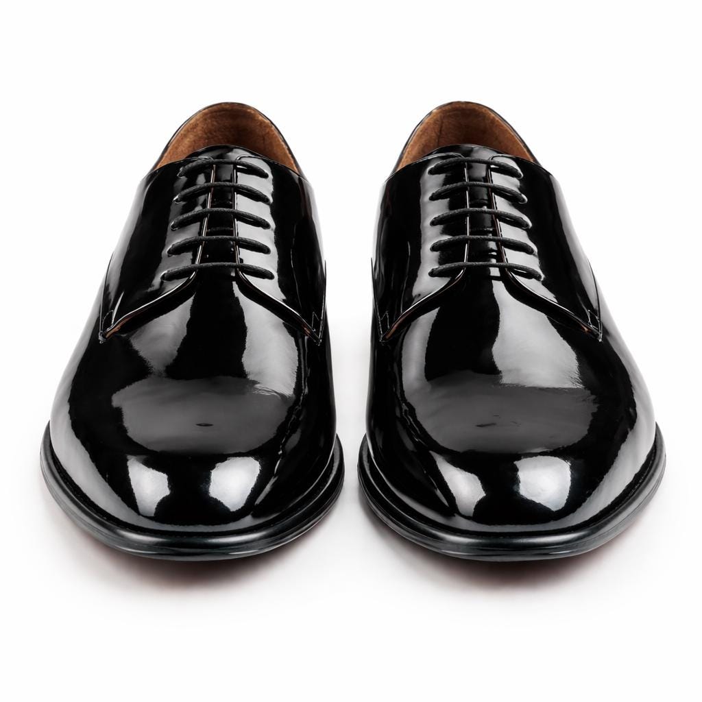 handmade shoes Men's Vinson Black Patent Leather Derby Shoes, Blake Stitched Tuxedo Dress Shoes
