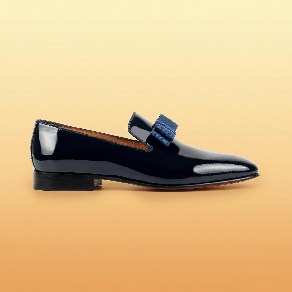 Black Patent Leather mens house Slippers Loafers with Navy blue Ribbon Bow Prom Wedding
