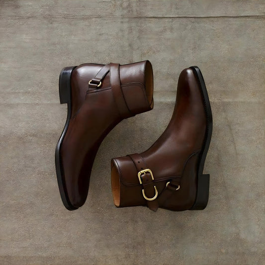 Handmade Brown Jodhpur Leather Boots with Brass Buckle | Elegant Dress Ankle mens Boots
