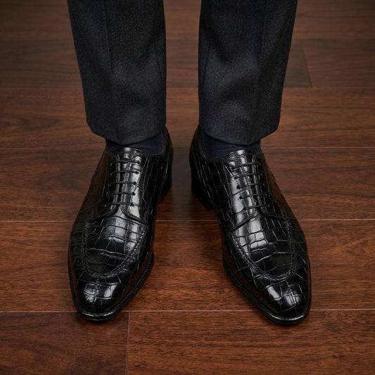 Alligator shoes mens black handmade crocodile embossed wholecut Oxfords dress shoes | wedding shoes, groom gift for him