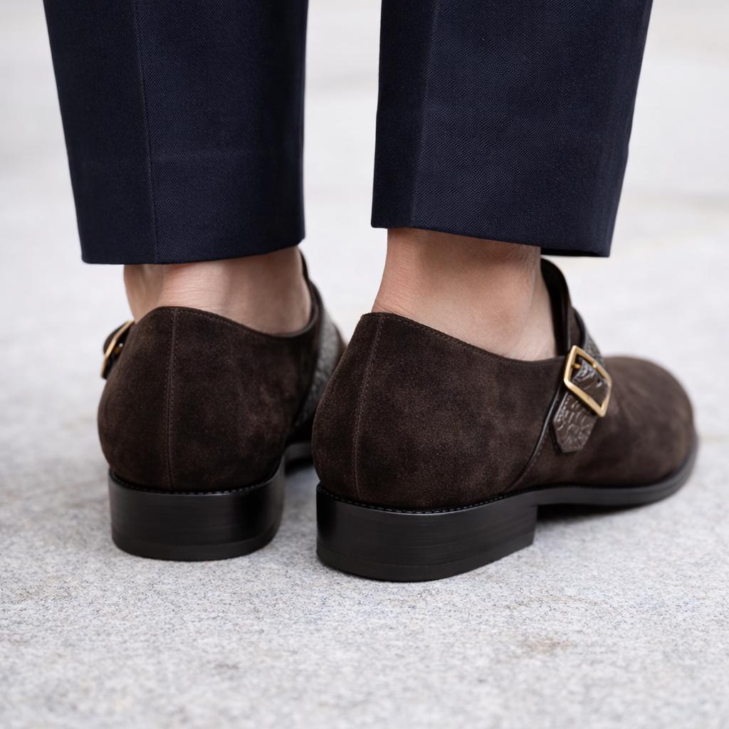Monk strap shoes men brown suede leather handmade single buckle mens dress shoes | wedding shoes, croc strap, gift for him