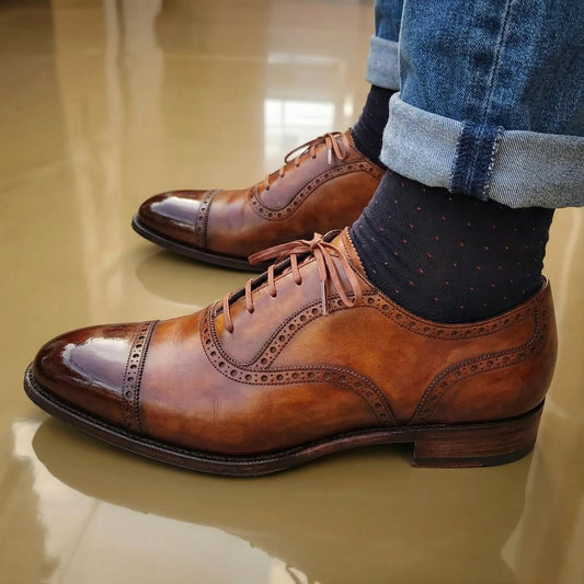 Brown brogue mens shoes – handmade cap toe Oxford leather dress shoes | wedding shoes, gift for him