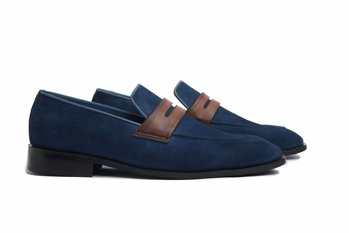 Handmade Men's Navy Suede Penny Loafers: leather loafers Slip-On Dress Shoes | Classic Formal Footwear