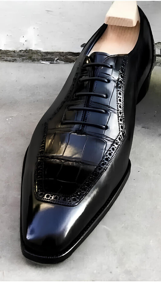 Handmade Black Oxford Shoes | Crocodile Pattern Leather Dress Shoes | Luxury Mens Formal Shoes | Italian Style Wedding Shoes