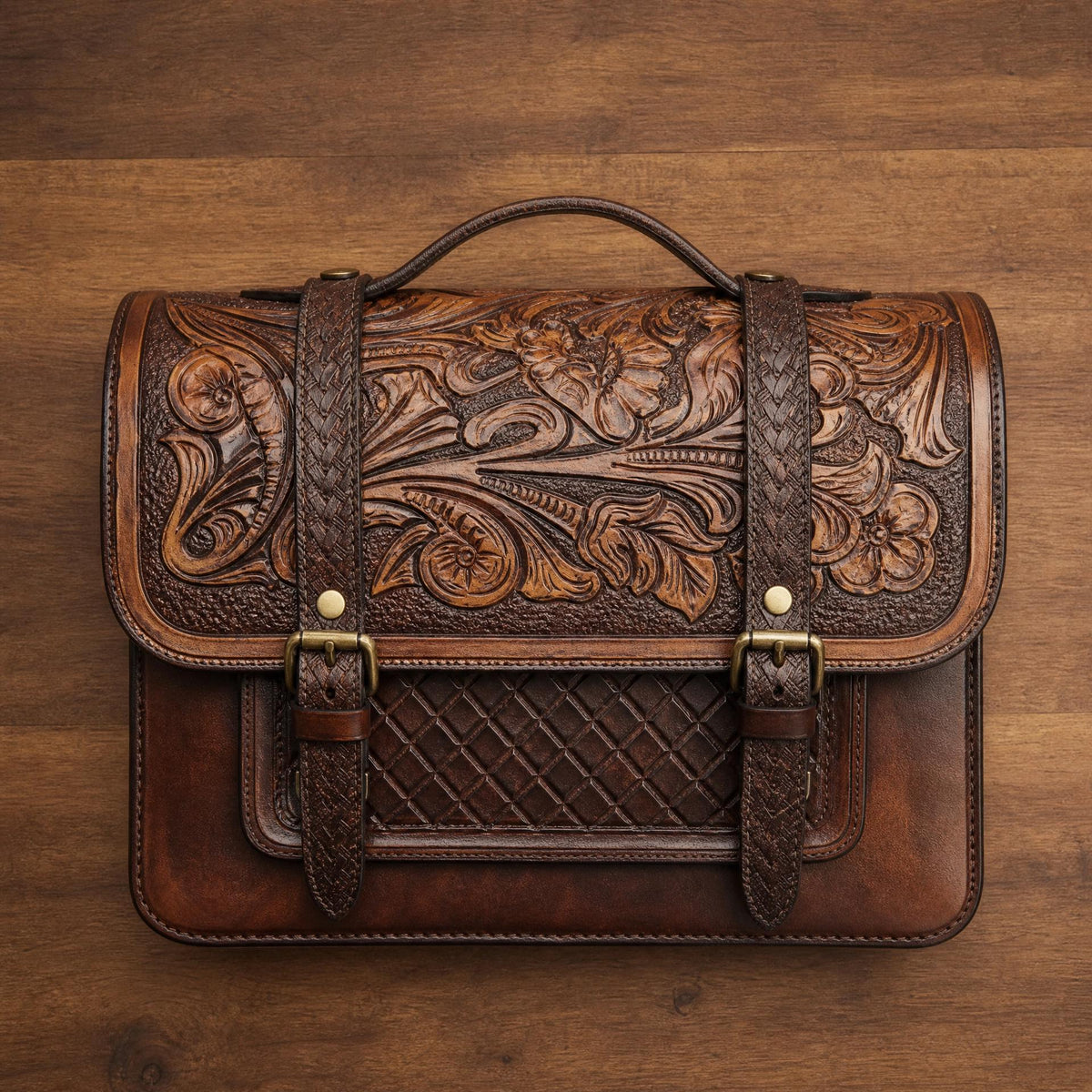 Handmade Carved Leather Laptop Bag Full Grain leather briefcase man and womens: custom bags