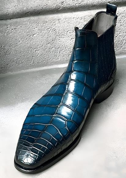 Handmade Blue Alligator Embossed Chelsea Boots – Luxury Custom Leather Exotic Boots for Mens