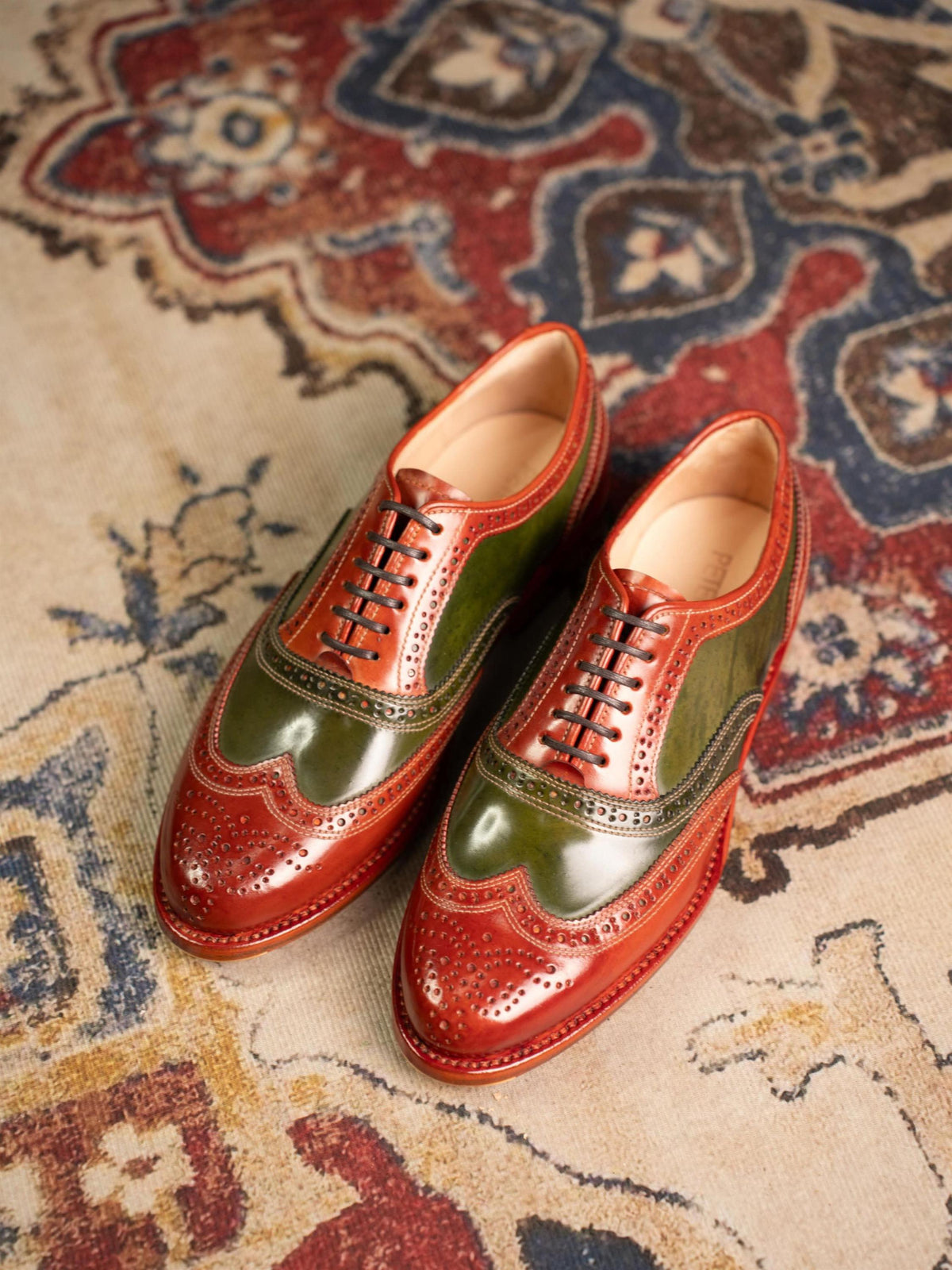 Handmade mens Oxfords Shoes | Two Tone Wingtip Brogue Leather Shoes | Green Brown Spectator Dress Shoes | Wedding Shoes