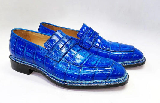 Handmade Blue Crocodile shoes Embossed Leather Loafers for Men | Slip On Penny Loafers | Exotic Style mens Dress Shoes