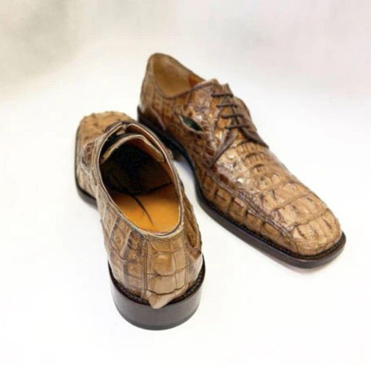 Camel Alligator Embossed mens Dress Shoes | Handmade Crocodile Pattern Lace Up Shoes | Exotic Style Derby Shoes