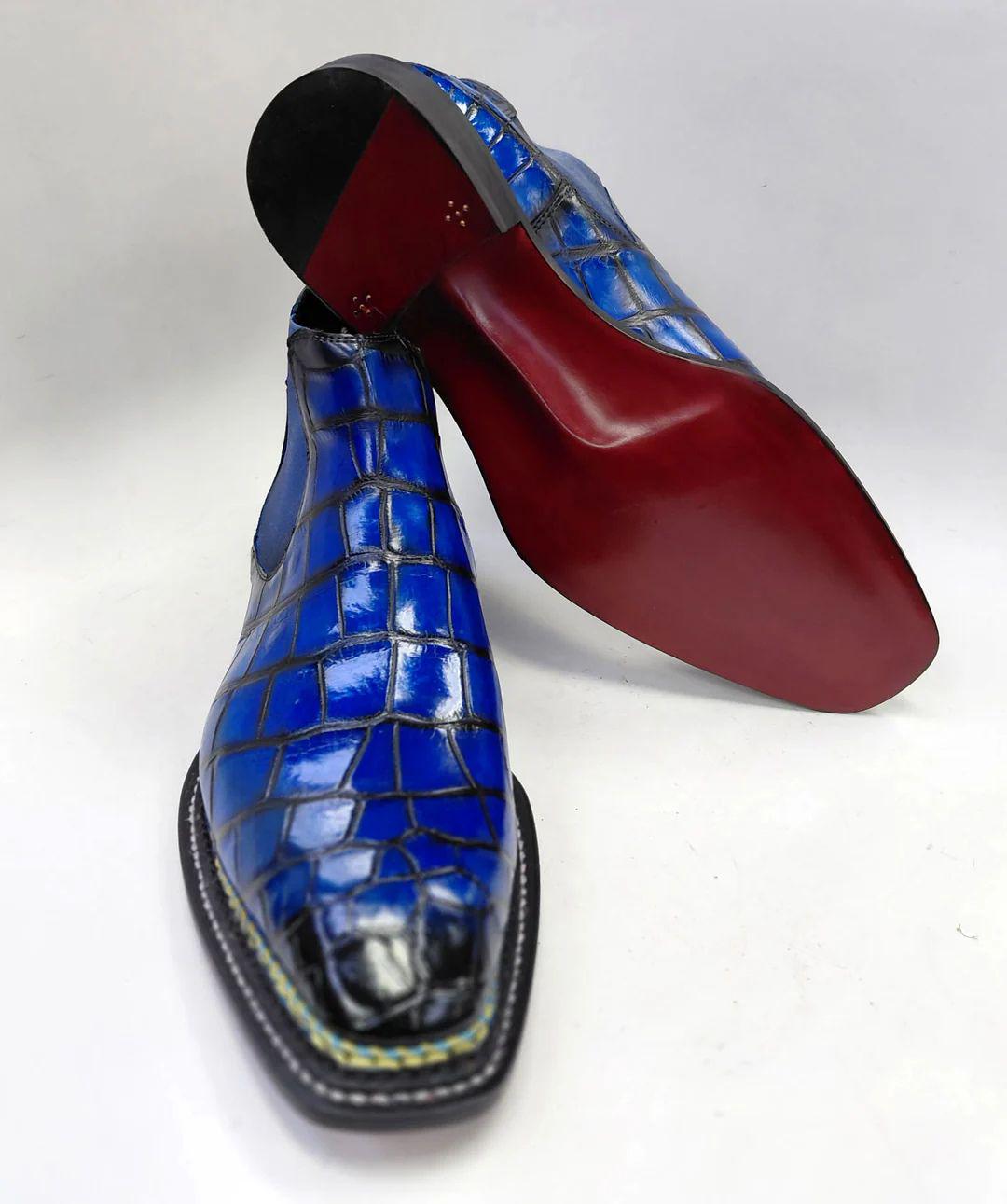 handmade Men's Patina Alligator Leather Chelsea Boots, Exotic Leather Ankle Dress shoes