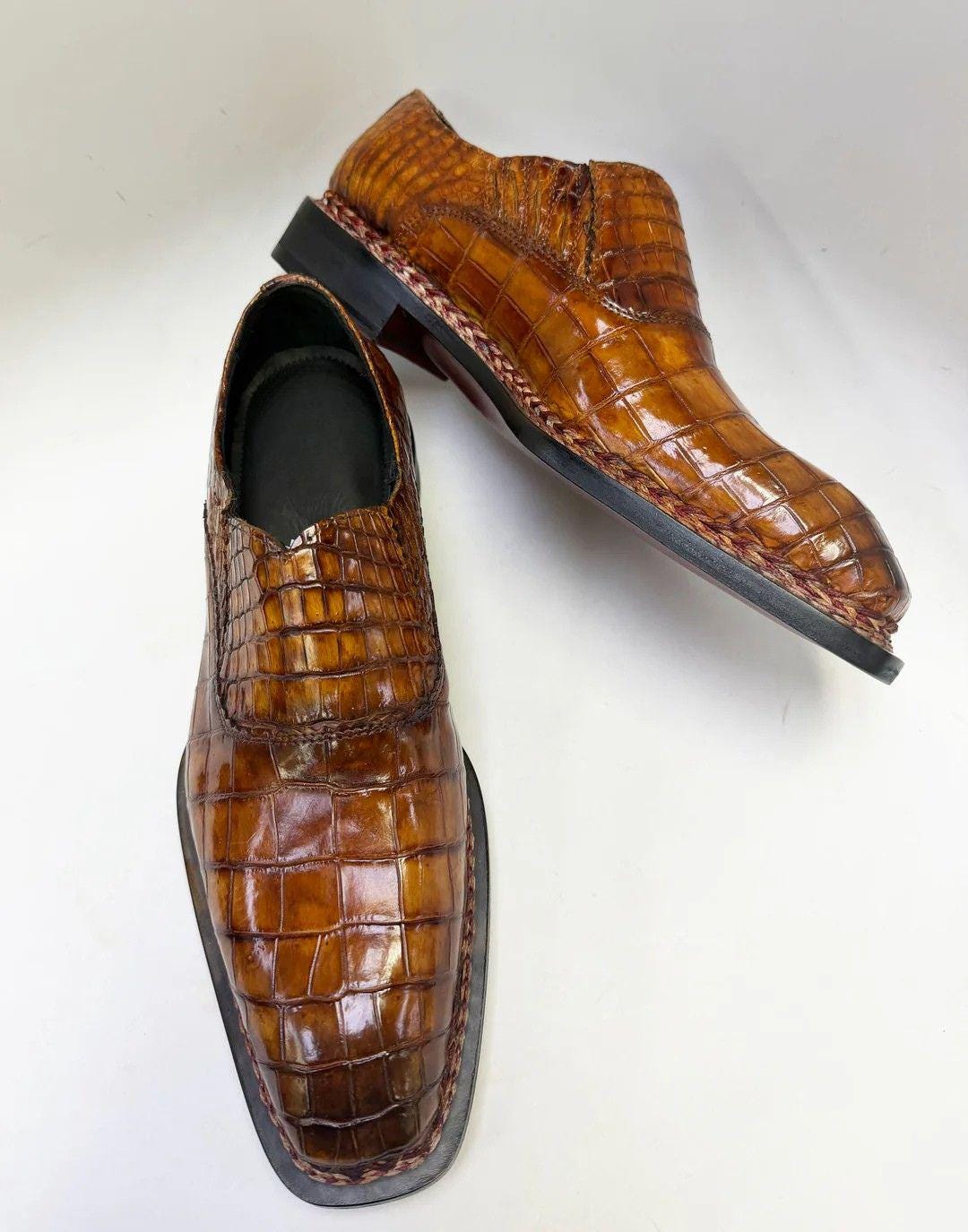 Handmade Embossed alligator shoes mens Loafers , Croc Pattern Slip Ons mens Dress Shoes, Square Toe Formal Shoes, Custom Made Shoes