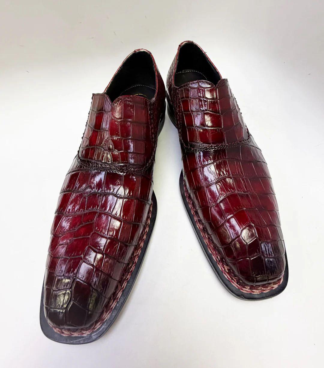 Handmade Alligator shoes Embossed Leather Loafers, Croc Pattern Slip On mens Dress Shoes, Square Toe Formal Shoes, leather Shoes men