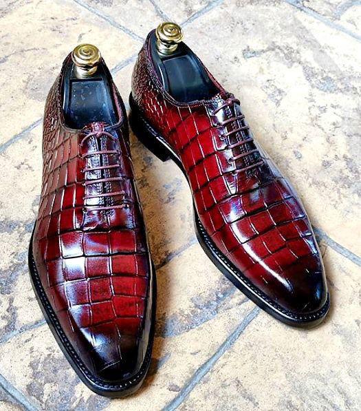Handmade Burgundy Alligator-Embossed Leather Oxford Shoes for Men | Genuine Leather Dress Shoes | Croc Pattern | Sialkot Crafted