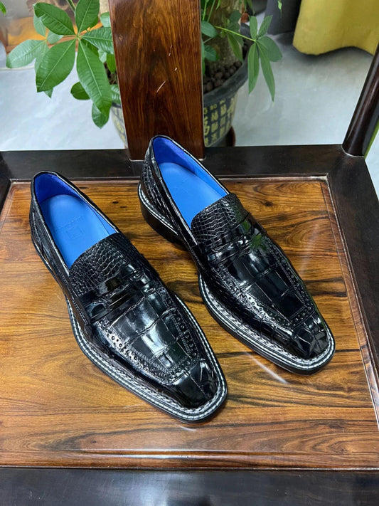 Handmade Black Alligator Embossed Leather Penny Loafers for Men | Brogue Toe Cap | Blue Lining leather shoes men| Sialkot Crafted