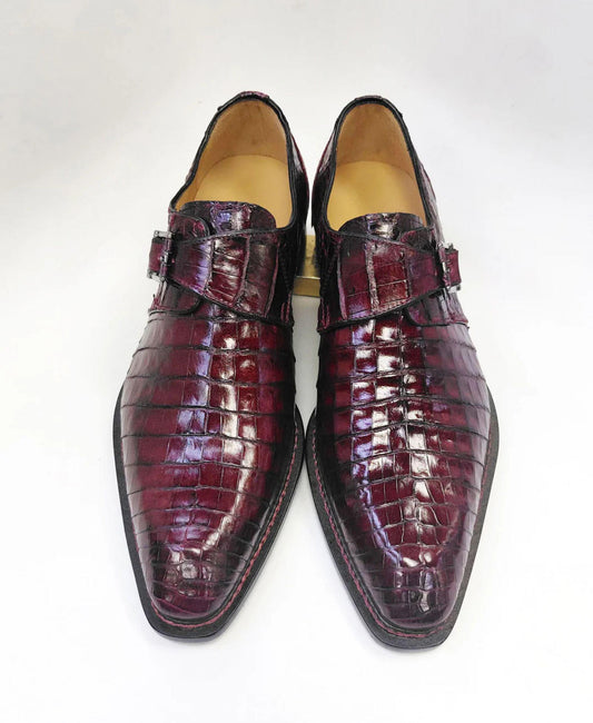 Handmade Burgundy Crocodile Embossed Leather Monk Strap Shoes for Men | Matching Belt Available | Sialkot Crafted