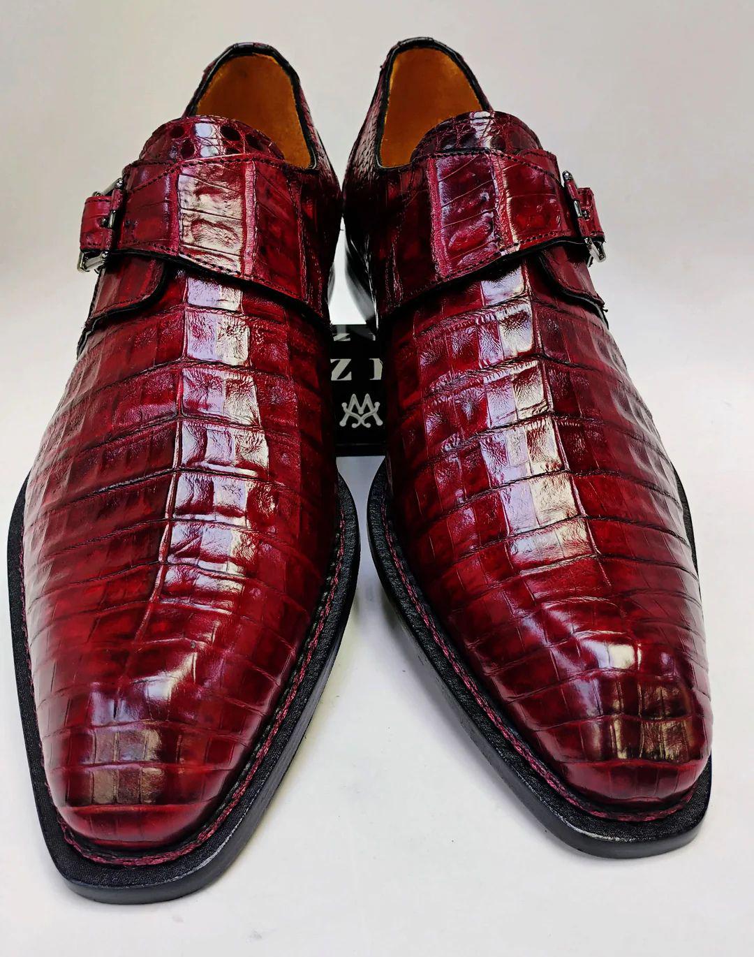 Handmade Burgundy Crocodile Embossed Leather Monk Strap Shoes for Men | Matching Belt Available | Sialkot Crafted