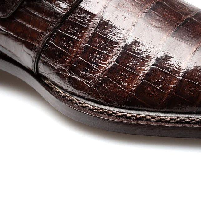 Brown Crocodile Embossed Leather Monk Strap Shoes with Rose Gold Buckle | Handmade Genuine Leather Men's Dress Shoes