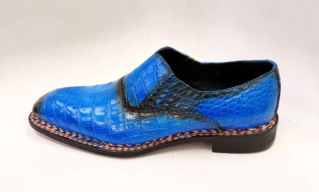 Blue Patina Alligator Embossed Leather Loafers for Men, Handmade Genuine Leather Slip Ons with Braided Sole Trim
