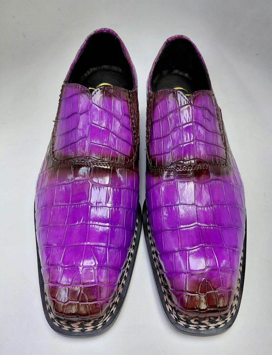 Handmade Purple Genuine Alligator Leather Loafers for Men, Square Toe Penny Loafers, Luxury Slip On mens Dress Shoes, Exotic Leather Shoes