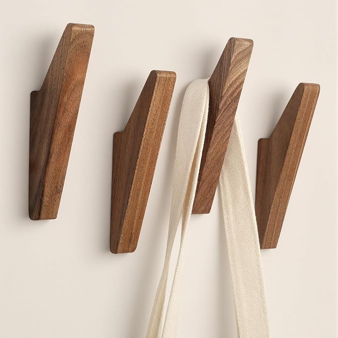 Wood Wall Hooks 4Pack: Rustic Heavy Duty Walnut Hanger for Entryway