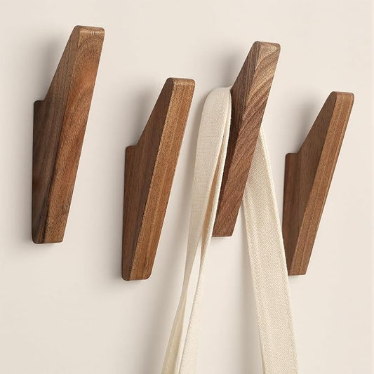Wood Wall Hooks 4Pack: Rustic Heavy Duty Walnut Hanger for Entryway