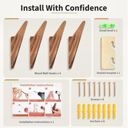 Wood Wall Hooks 4Pack: Rustic Heavy Duty Walnut Hanger for Entryway