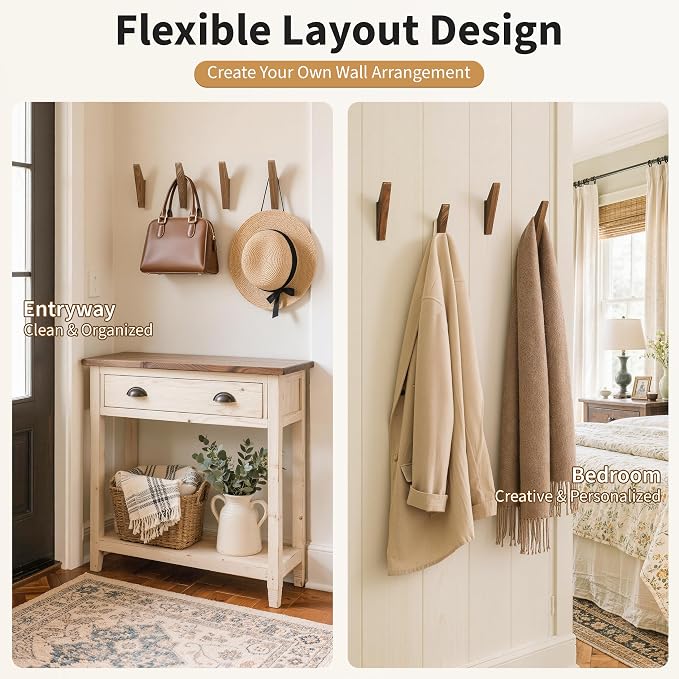 Wood Wall Hooks 4Pack: Rustic Heavy Duty Walnut Hanger for Entryway