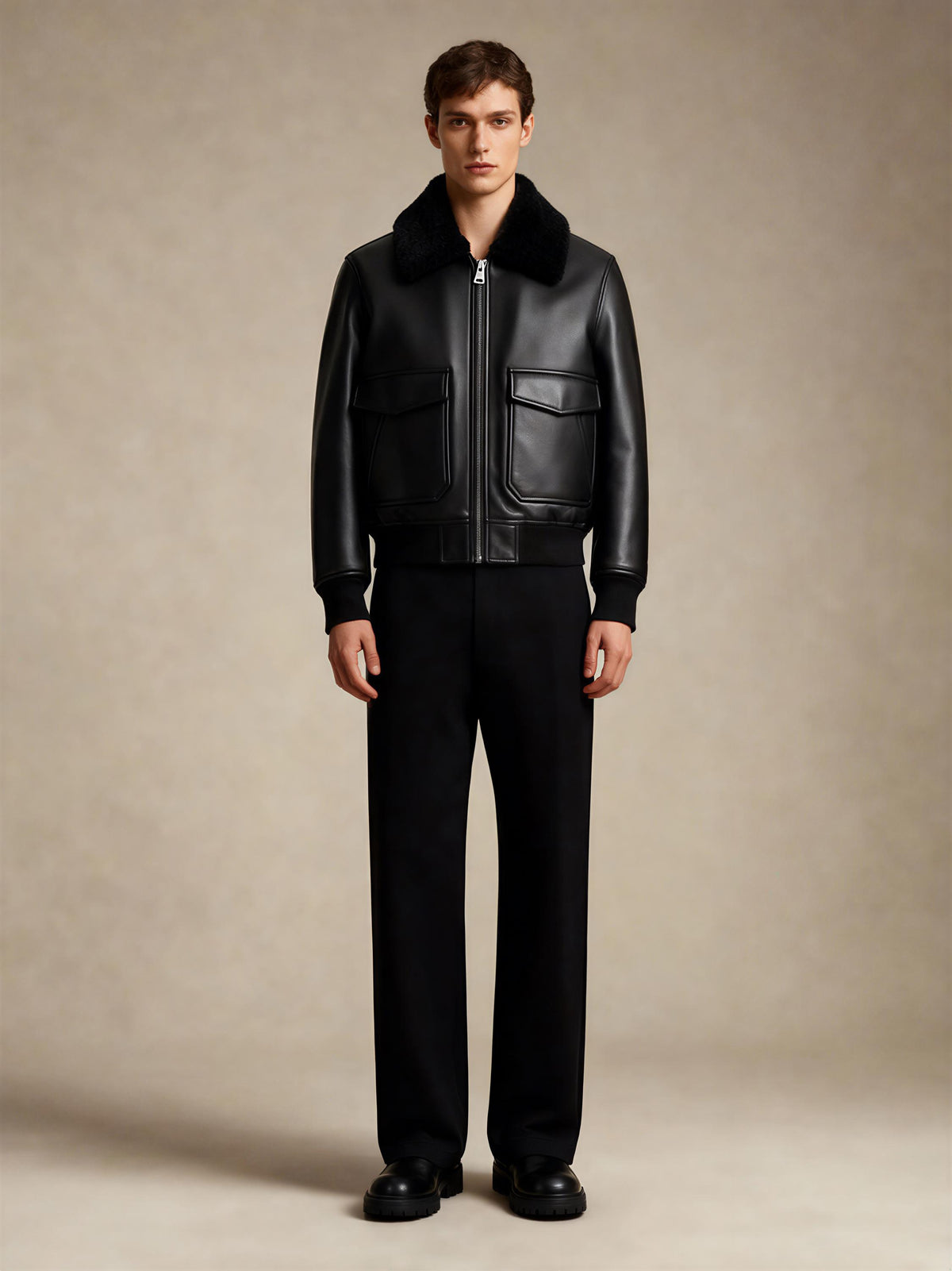 Men's Black Leather Shearling Aviator Bomber Jacket