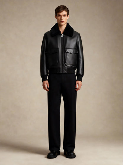 Men's Black Leather Shearling Aviator Bomber Jacket