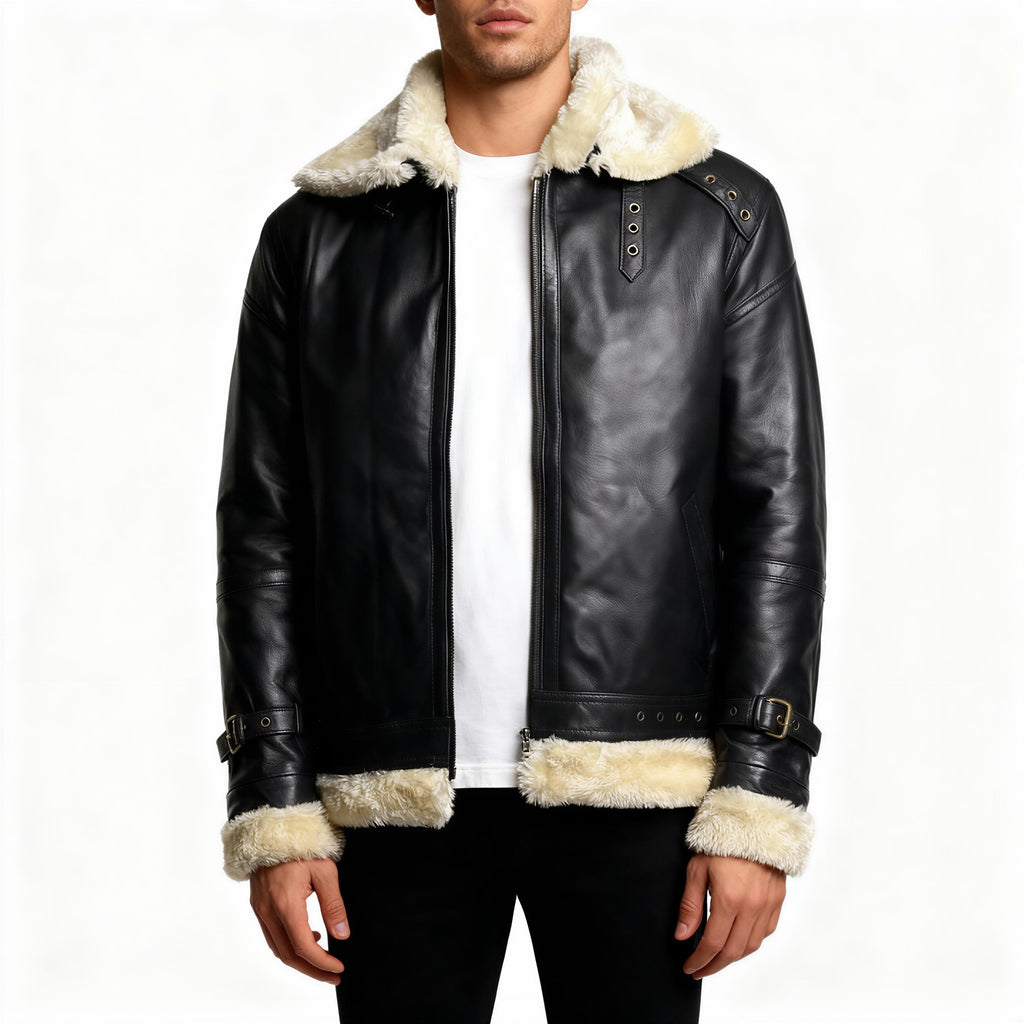Aviator Men's Leather Jacket, Leather Coat Bomber Real Leather FUR Jacket