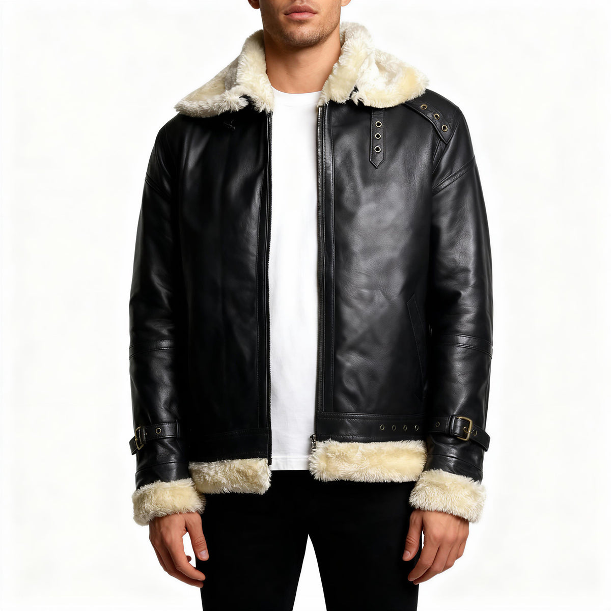 Aviator Men's Leather Jacket, Leather Coat Bomber Real Leather FUR Jacket