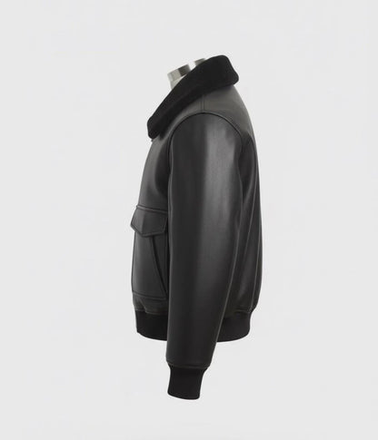 Men's Black Leather Shearling Aviator Bomber Jacket