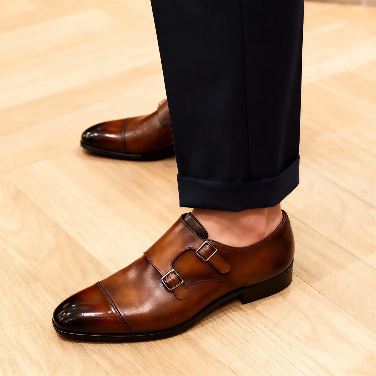 Handmade Men's Genuine Brown Leather Double Monk Strap Formal Dress Shoes