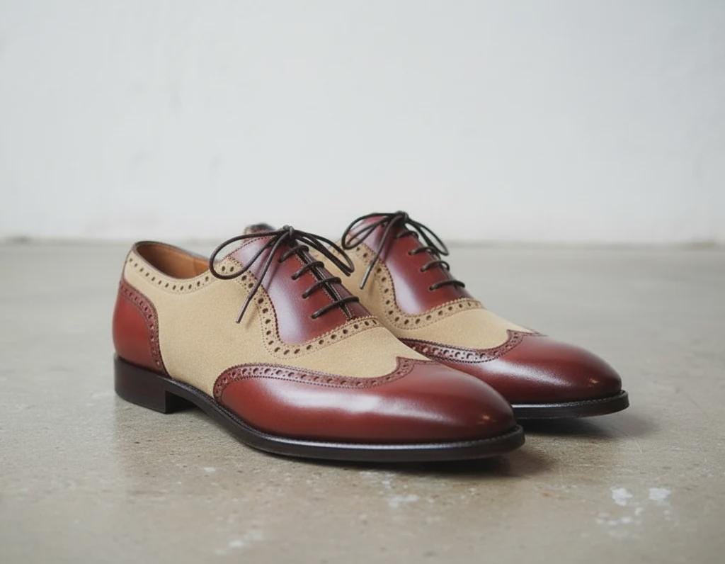 Handmade Brown Leather Shoes, Wingtip Two Tone mens Dress Shoes, men oxfords for Wedding and Formal Footwear
