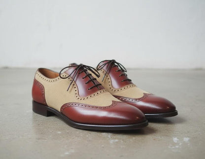Handmade Brown Leather Shoes, Wingtip Two Tone mens Dress Shoes, men oxfords for Wedding and Formal Footwear