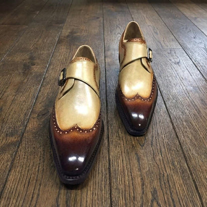 Handmade Two-Tone single Monk leather Shoes | Wingtip Brogue wedding oxfords
