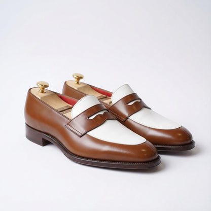 Handmade Two Tone  Penny Loafers | Brown and White mens Dress Shoes, wedding mens loafers