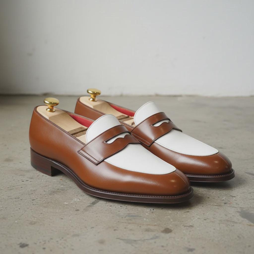 Handmade Two Tone  Penny Loafers | Brown and White mens Dress Shoes, wedding mens loafers