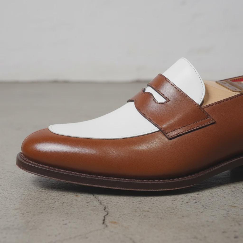 Handmade Two Tone  Penny Loafers | Brown and White mens Dress Shoes, wedding mens loafers