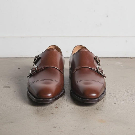 Handmade Brown Leather Double Monk Strap Mens Shoes, Genuine Leather shoes