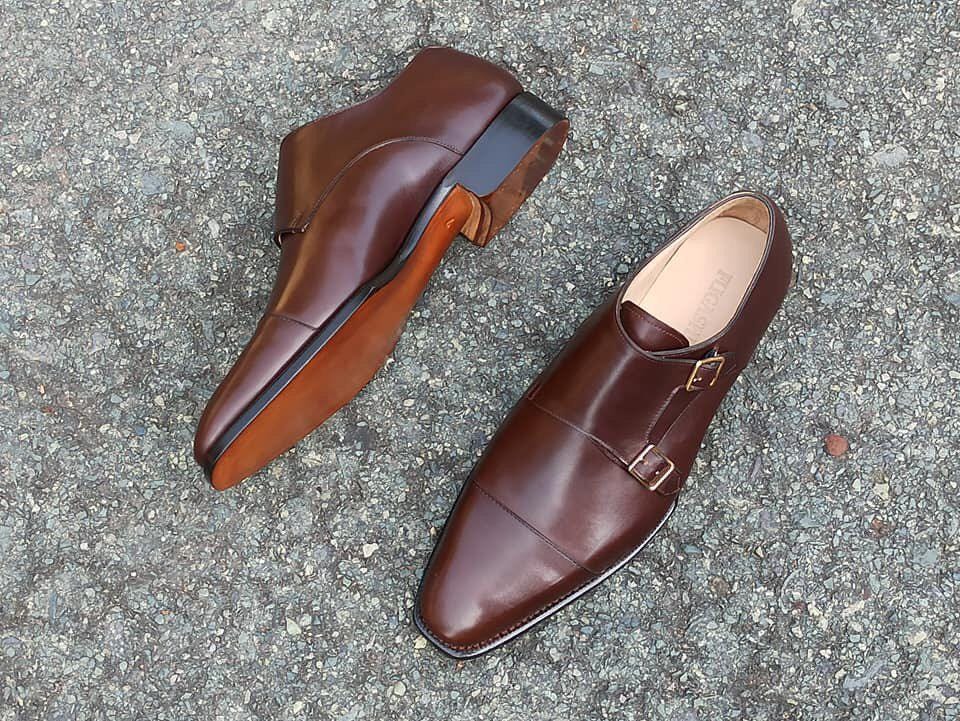 Handmade Brown Leather Double Monk Strap Mens Shoes, Genuine Leather shoes