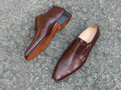 Handmade Brown Leather Double Monk Strap Mens Shoes, Genuine Leather shoes