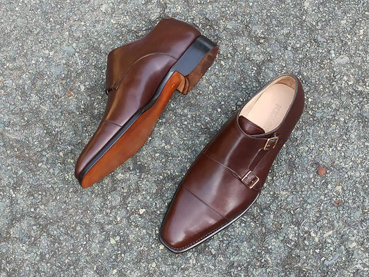 Handmade Brown Leather Double Monk Strap Mens Shoes, Genuine Leather shoes