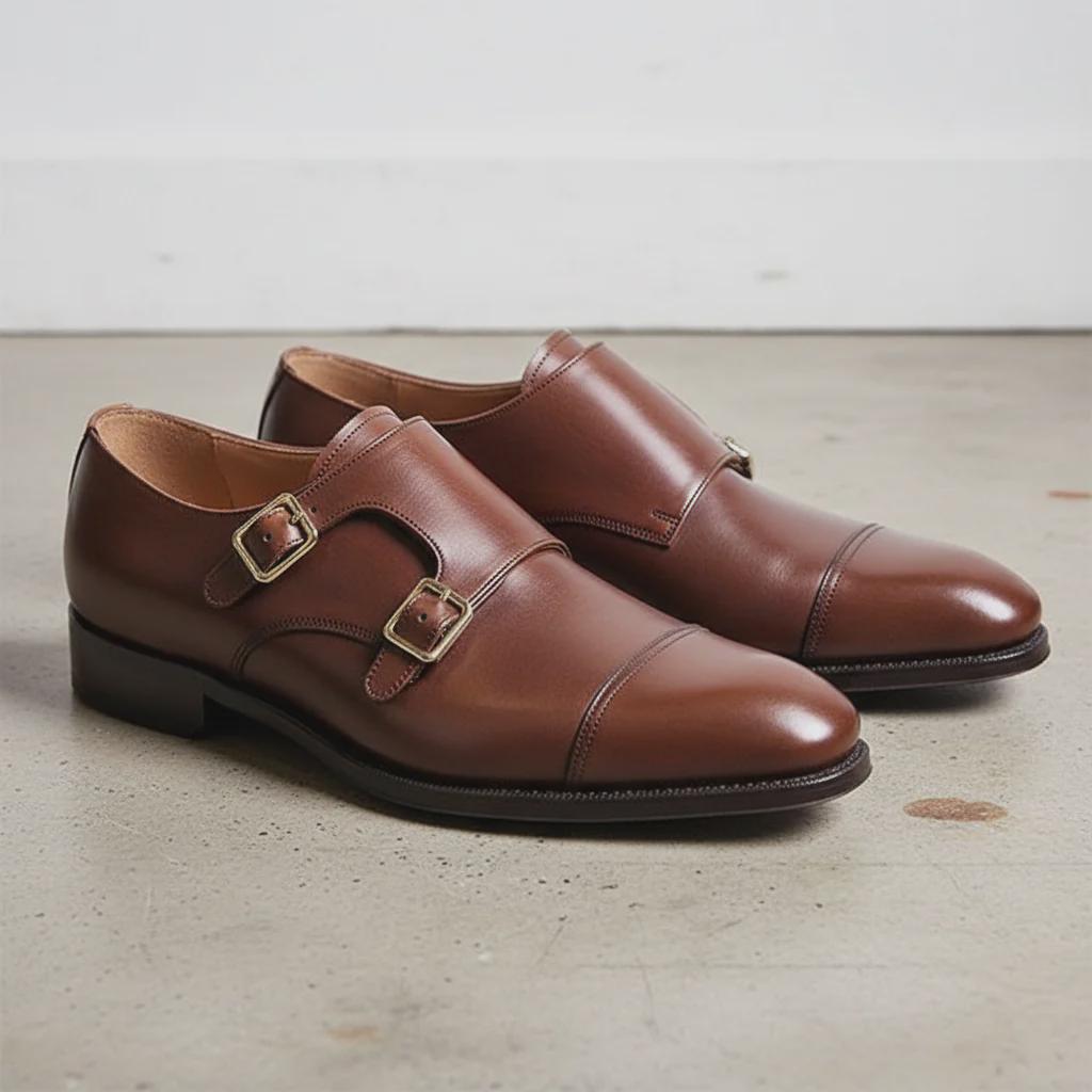 Handmade Brown Leather Double Monk Strap Mens Shoes, Genuine Leather shoes