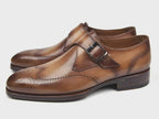 Handmade Men's Brown and Camel Leather Single Monk Strap Shoes | leather soles mens shoes