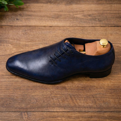 wedding shoes Handmade Navy Blue Oxford Dress Shoes, Side Lace Whole Cut footwear