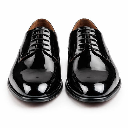 handmade shoes Men's Vinson Black Patent Leather Derby Shoes, Blake Stitched Tuxedo Dress Shoes