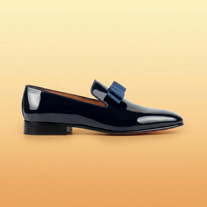 Black Patent Leather mens house Slippers Loafers with Navy blue Ribbon Bow Prom Wedding