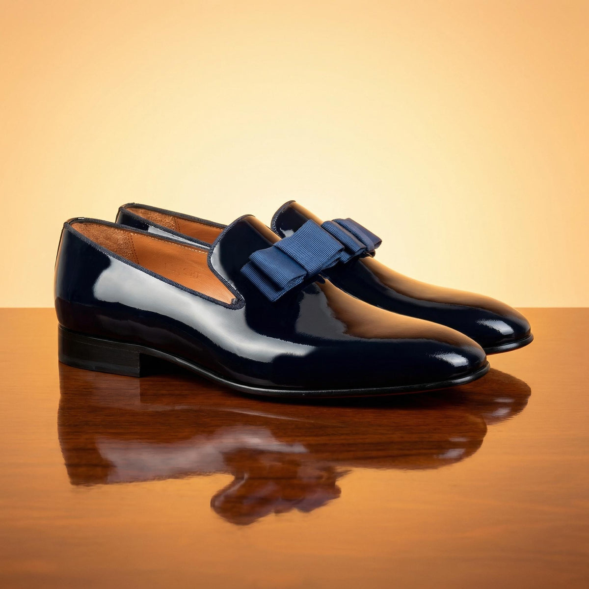 Black Patent Leather mens house Slippers Loafers with Navy blue Ribbon Bow Prom Wedding
